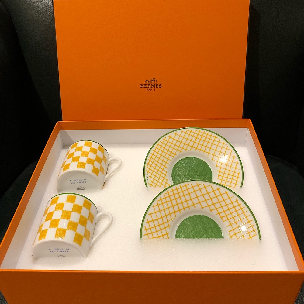 Two sets of Hermes a Walk in the Garden coffee cup and saucer - Yellow